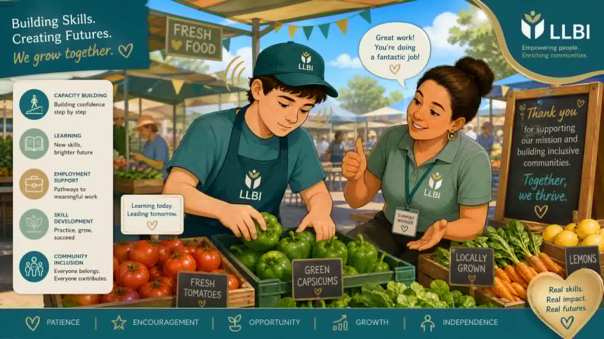 A participant building skills at a fresh-food market stall with an LLBI support worker — building skills, creating futures. We grow together.