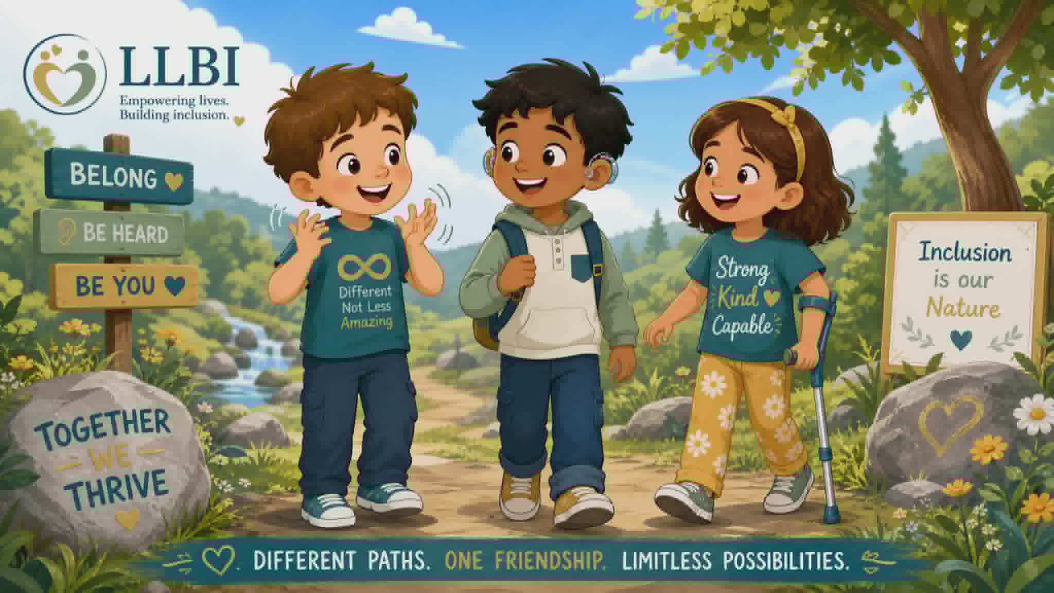 Three diverse children of all abilities together in nature β belong, be heard, be you. Different paths, one friendship, limitless possibilities.